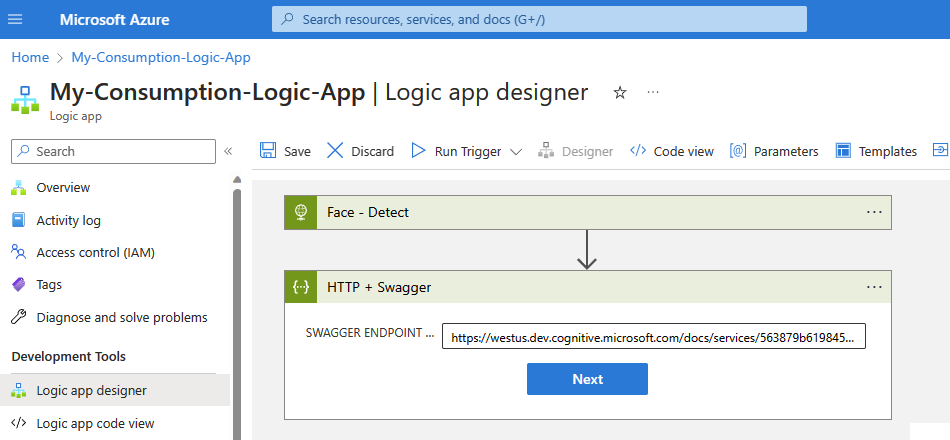 Screenshot shows Consumption workflow designer with trigger named Face - Detect and action named H T T P + Swagger. The SWAGGER ENDPOINT URL property is set to a URL value.