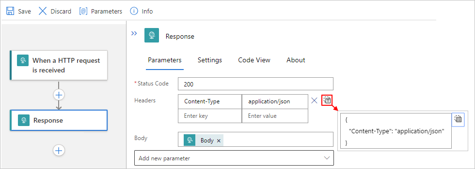Screenshot showing Azure portal, Standard workflow, and Response action headers in 