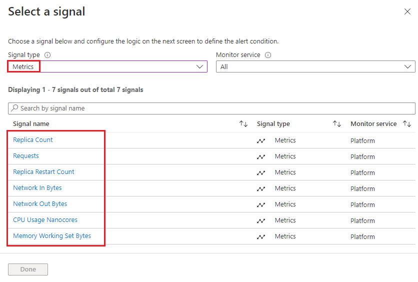 Screenshot of the metric explorer alert rule editor showing the Select a signal pane.