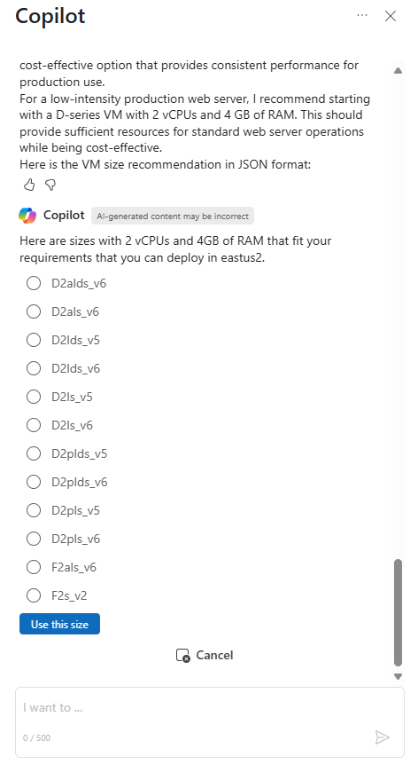 屏幕截图显示 Microsoft Copilot in Azure 提供了 VM 大小建议。