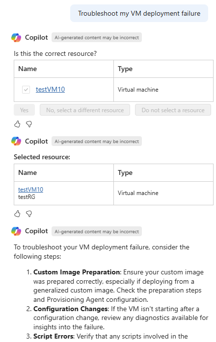Microsoft Azure Copilot 响应排查 VM 部署失败的请求的屏幕截图。