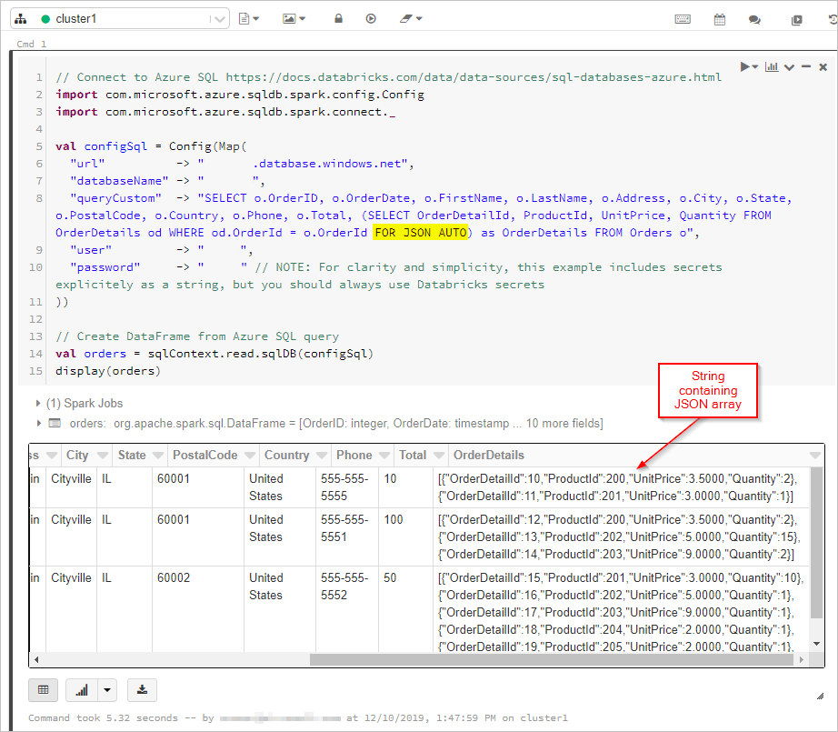 Screenshot that shows the SQL query output in a DataFrame.