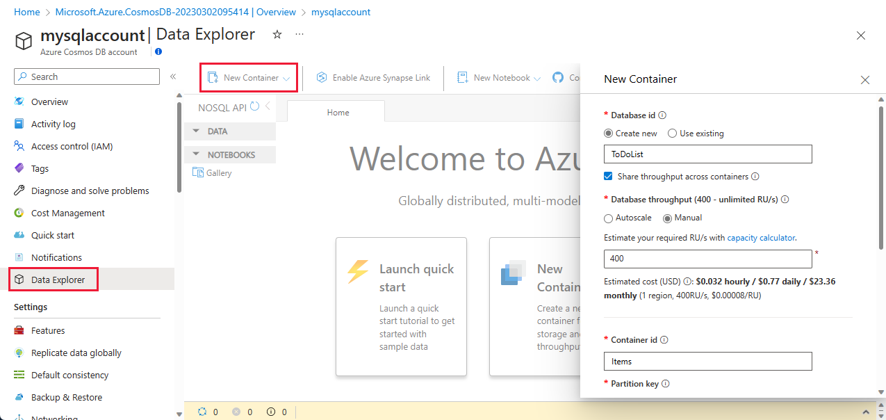 屏幕截图显示 Azure 门户数据资源管理器页，其中“新建容器”窗格已打开。