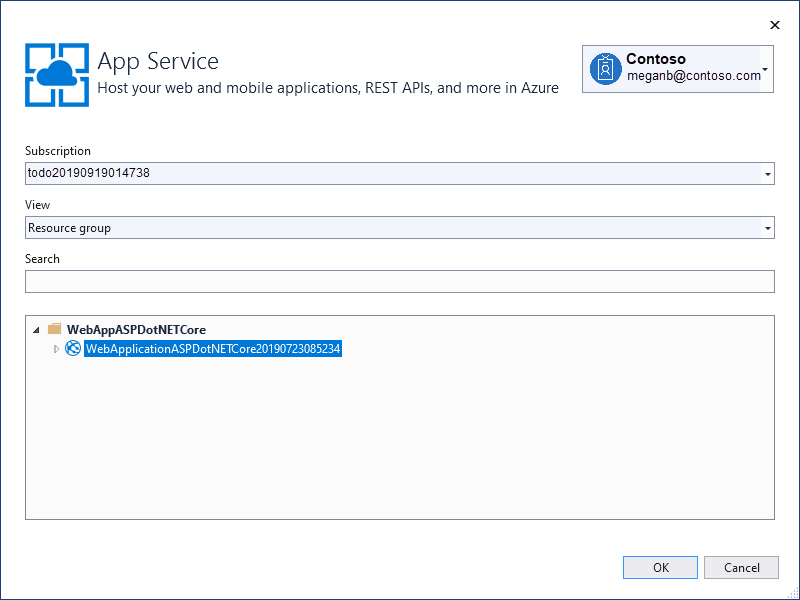 Visual Studio 中的“应用服务”对话框