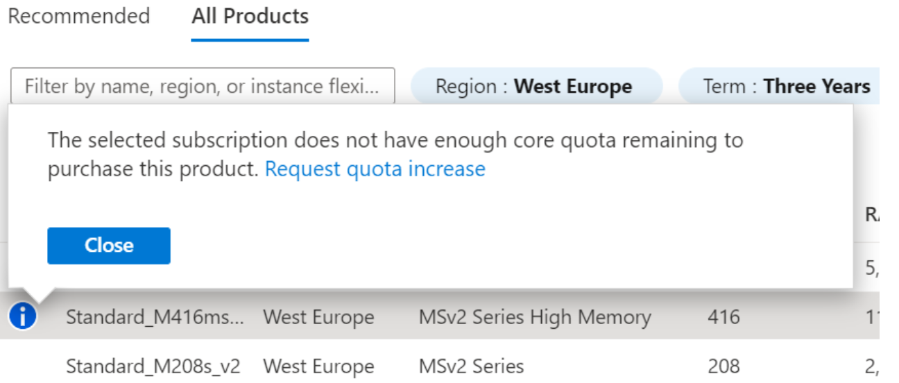 Example showing the not enough core quota message