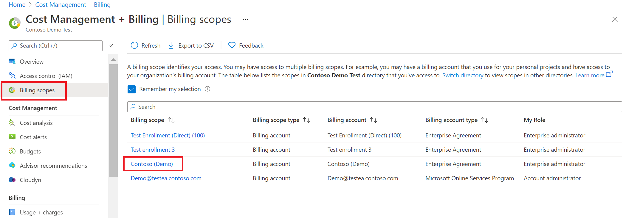 Screenshot showing EA billing scope selection.