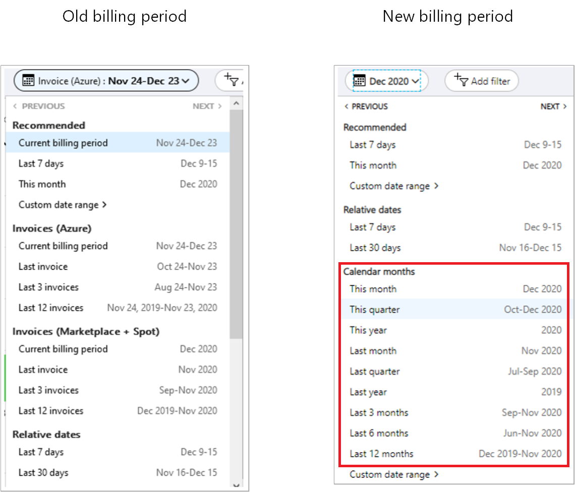 Screenshot showing a comparison between old and new billing periods.