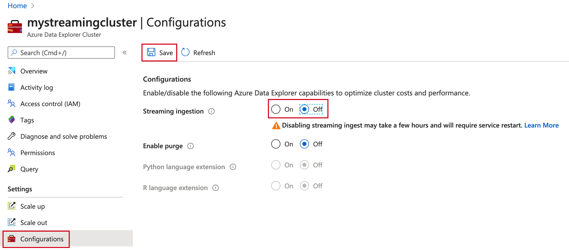 在 Azure 数据资源管理器中关闭“流式引入”。