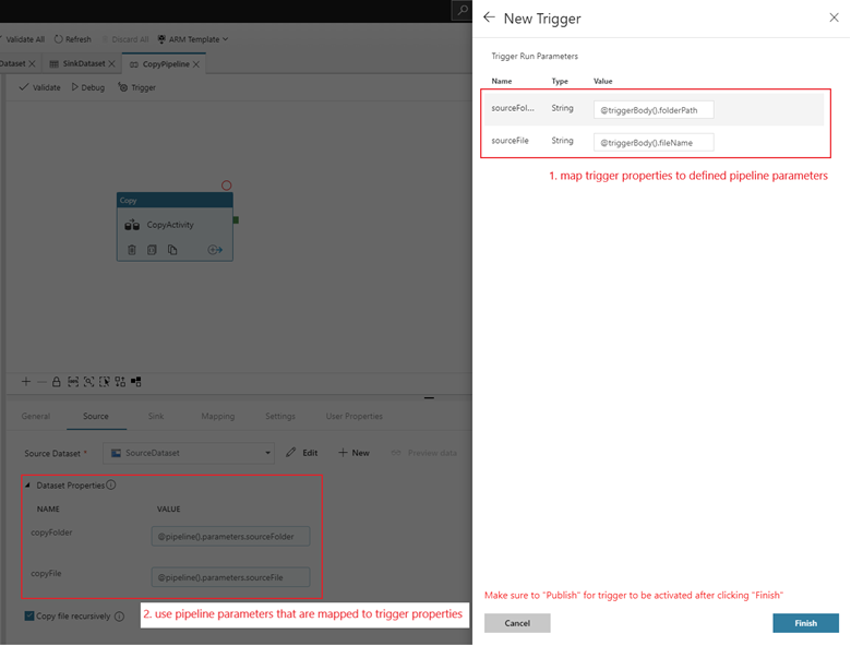 Screenshot of storage event trigger mapping properties to pipeline parameters.