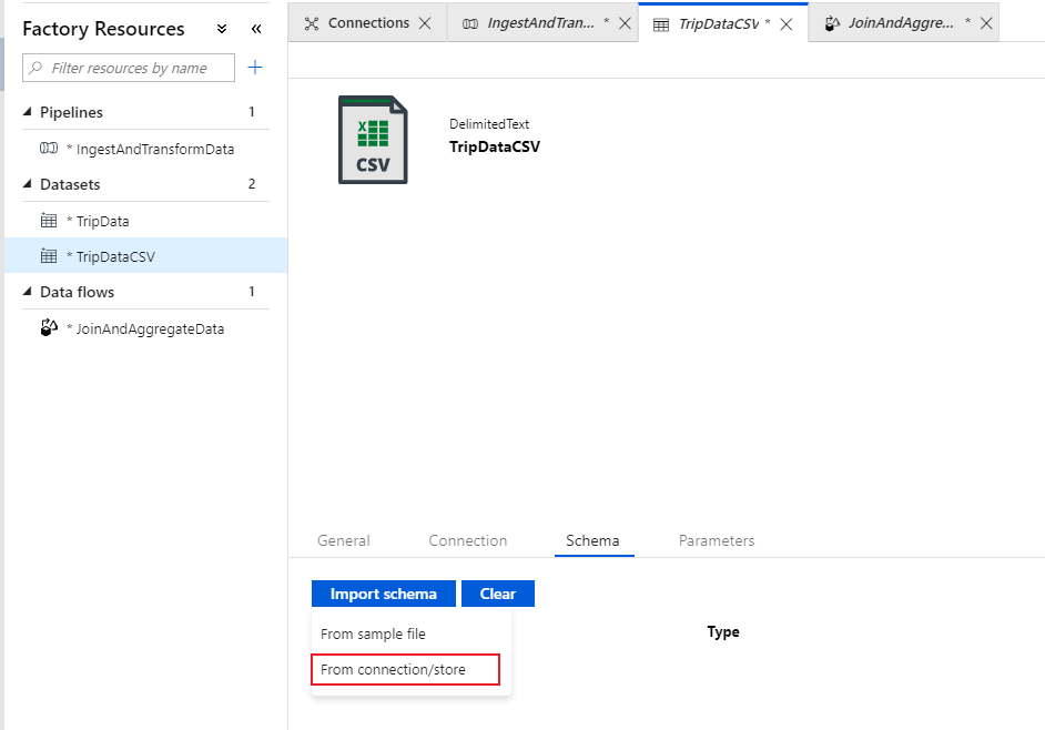 Screenshot from the Azure portal of the schema source selection.