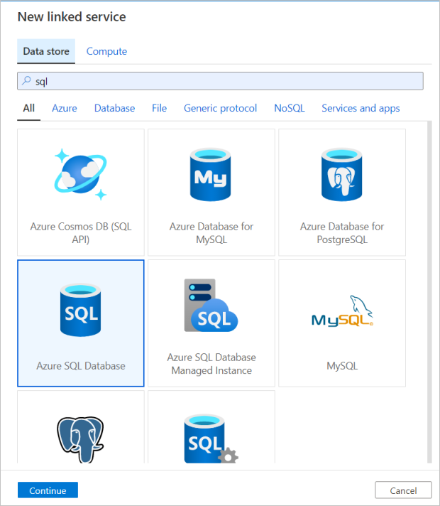Screenshot from the Azure portal of creating a new Azure SQL Database linked service.