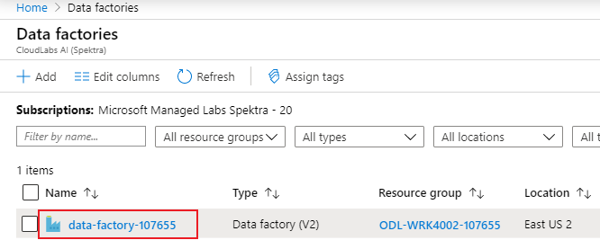 Screenshot from the Azure portal of a data factories overview page.