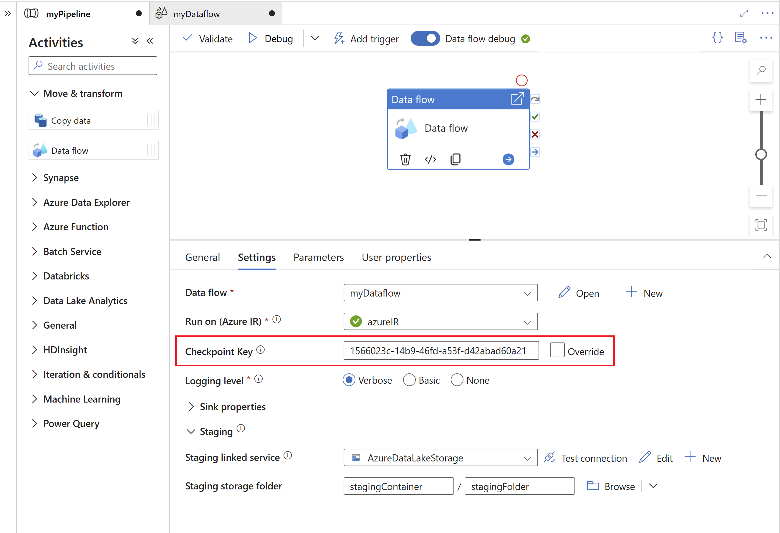 Screenshot of checkpoint key property in data flow activity.