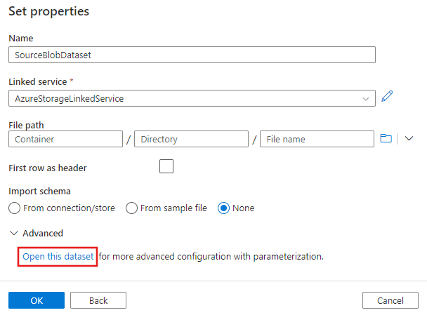 Shows a screenshot of the dataset "Set properties" window with the "Open this dataset" link highlighted.