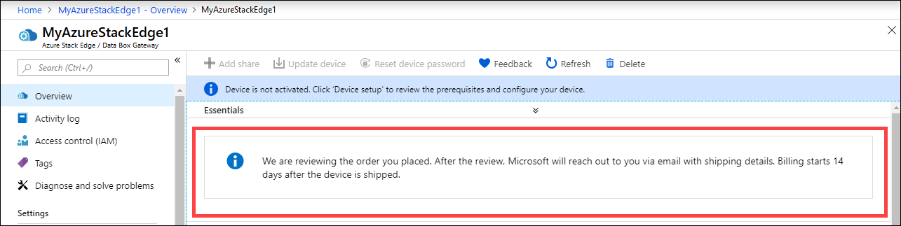 Notification for review of the Azure Stack Edge Pro FPGA order
