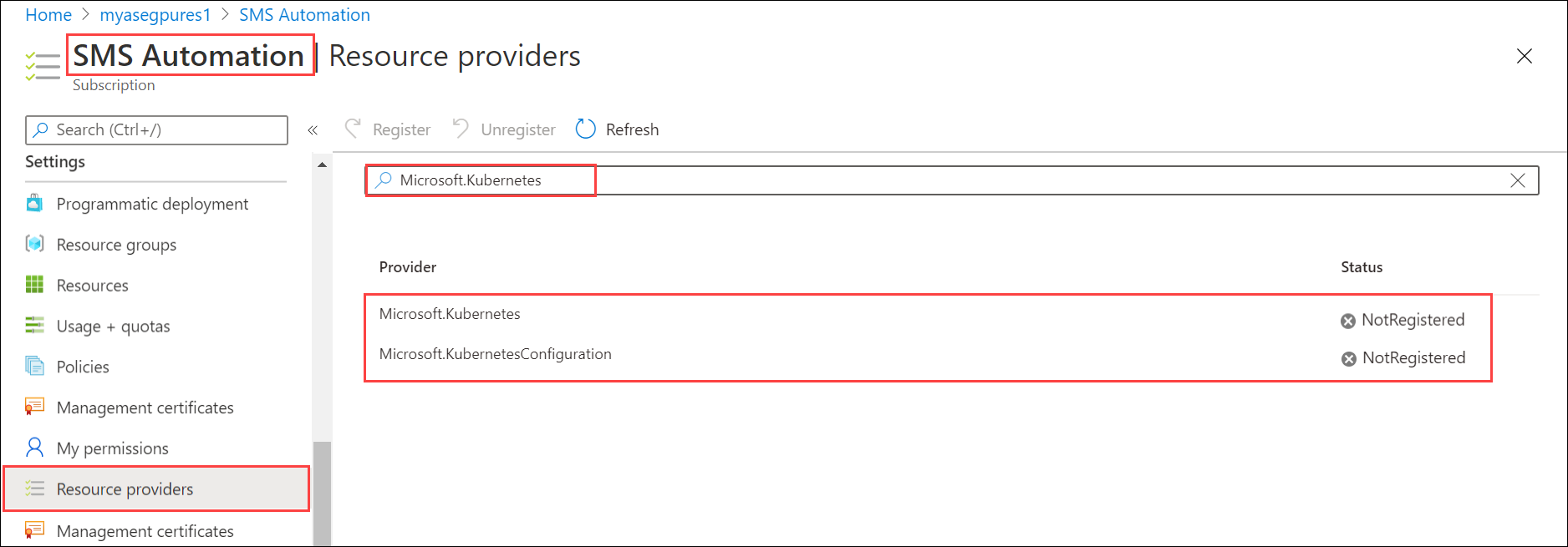 注册 Kubernetes 资源提供程序的屏幕截图。