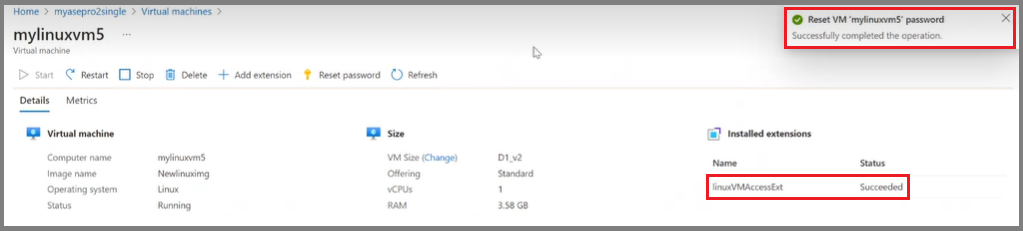 Azure 门户 Linux VM 更改密码确认的屏幕截图。