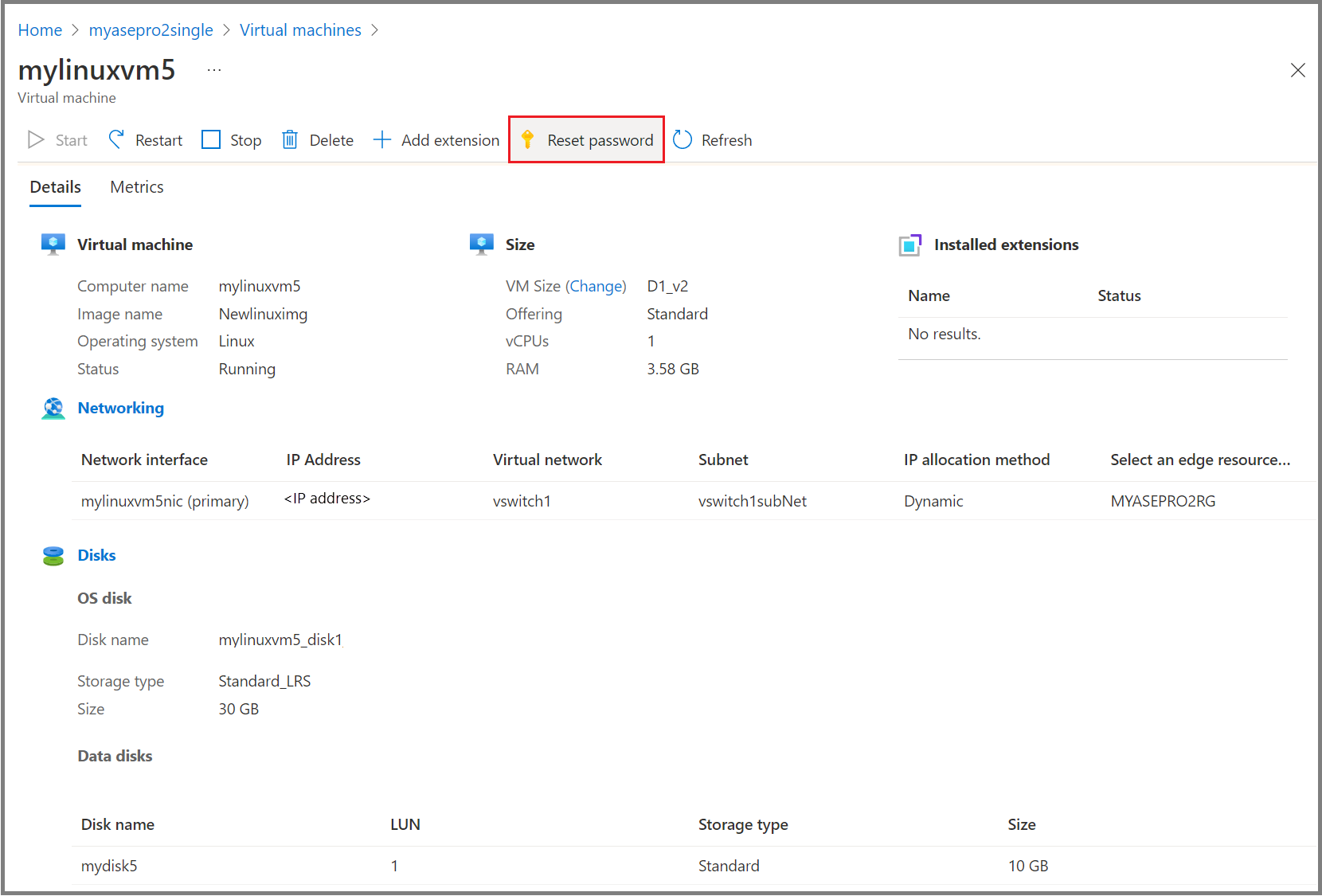 Azure 门户 Linux VM 更改密码选项卡的屏幕截图。