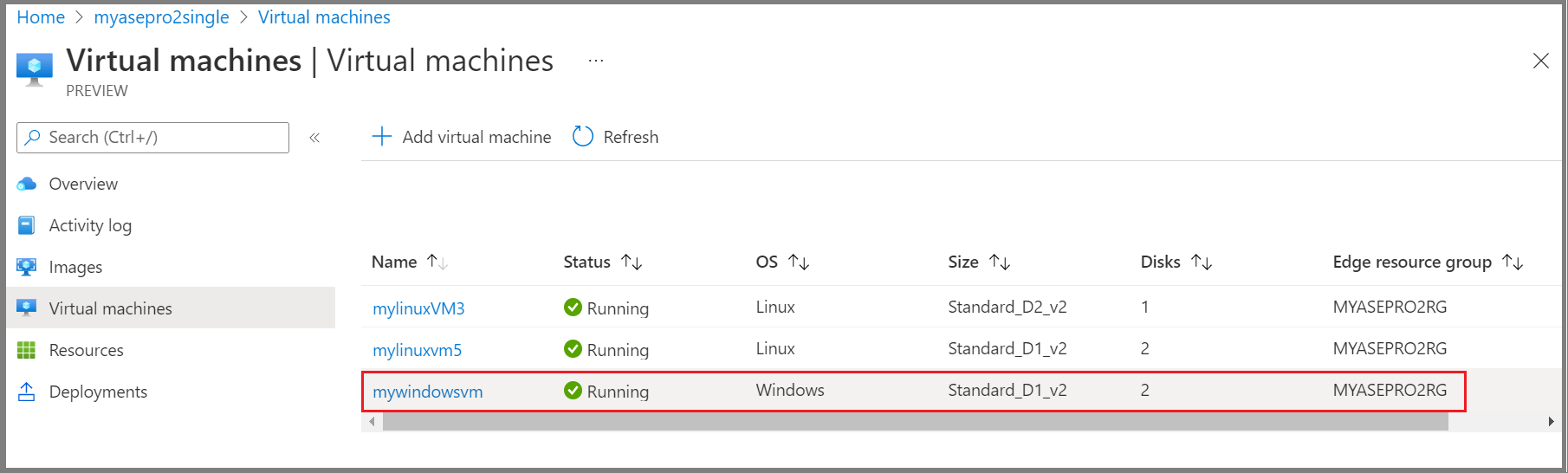 Azure 门户 Windows VM 列表视图的屏幕截图。