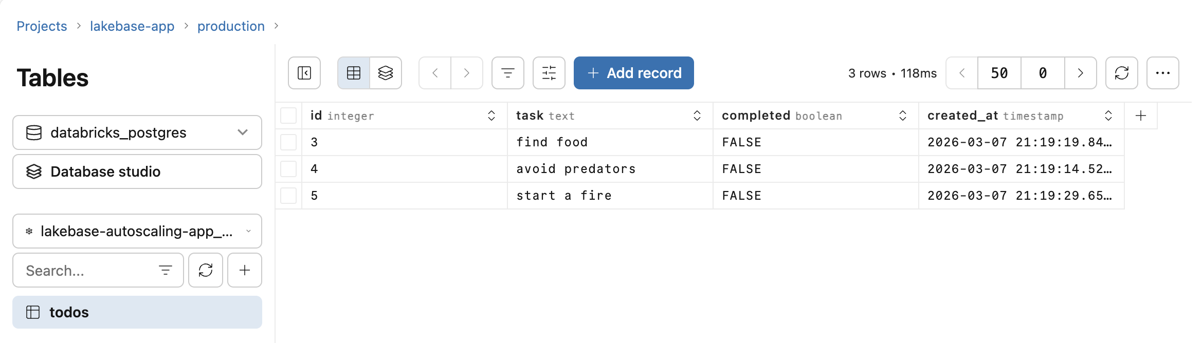 Lakebase 表视图，显示由应用程序撰写的待办事项