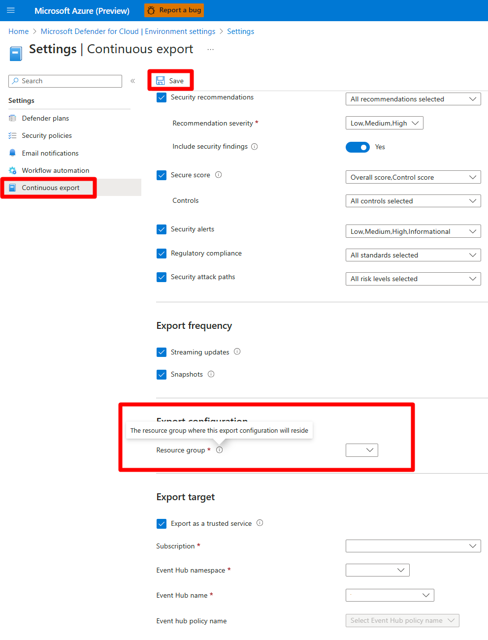 显示 Microsoft Defender for Cloud 中的导出选项的屏幕截图。