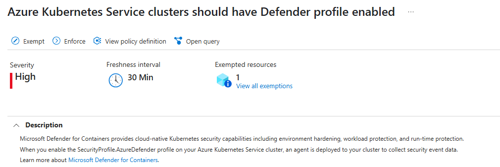 显示针对 AKS 的 Defender 配置文件建议的 Azure 门户屏幕截图