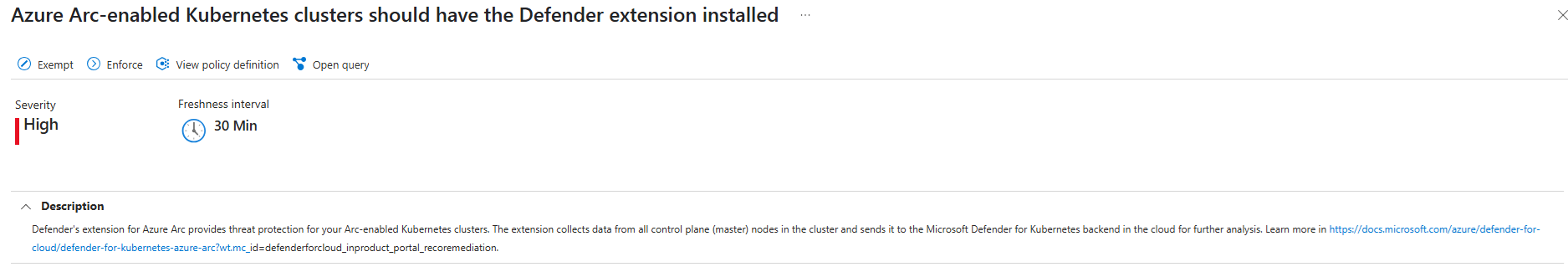 显示启用 Arc 的 Kubernetes 群集的 Defender 扩展建议的 Azure 门户屏幕截图。