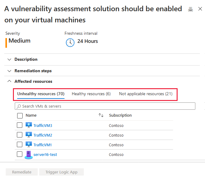 The groupings of the machines in the **A vulnerability assessment solution should be enabled on your virtual machines** recommendation page