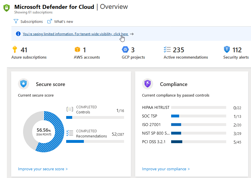 在 Microsoft Defender for Cloud 中启用租户级权限。