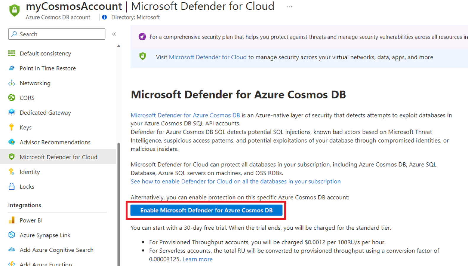 屏幕截图显示了用于在指定的 Azure Cosmos DB 帐户中启用 Microsoft Defender for Azure Cosmos DB 的选项。
