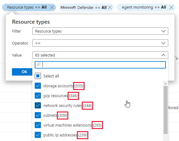 Azure 安全中心“资产清单”页的筛选器中的计数。