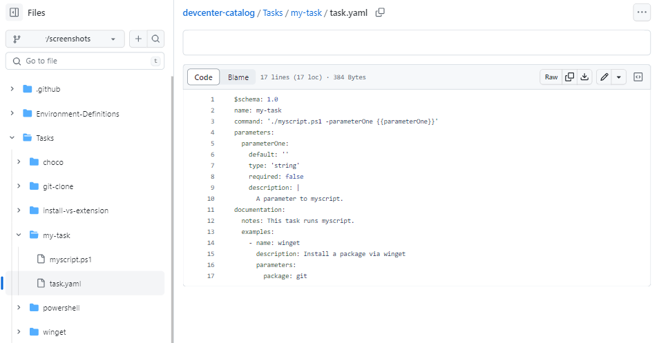 Screenshot showing a catalog with choco, git-clone, install-vs-extension, and PowerShell tasks defined, with a tasks.yaml for each task.