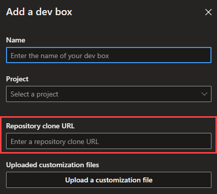 Screenshot showing the dev box customization options in the developer portal with Repository clone URL highlighted.