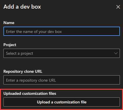 Screenshot showing the dev box customization options in the developer portal with Uploaded customization files highlighted.
