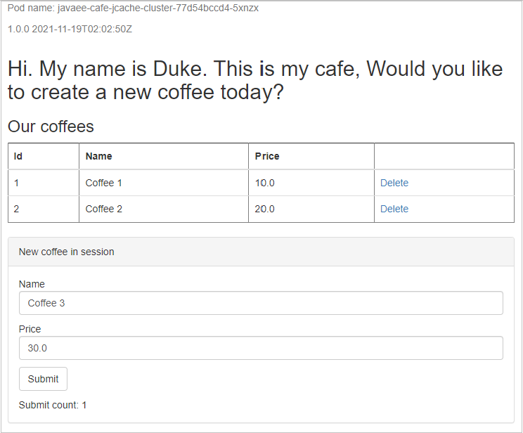 Screenshot of sample application showing new coffee created and persisted in the session of the application.