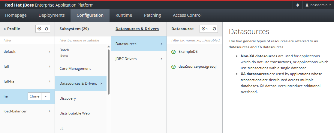 “JBoss EAP 管理控制台配置”选项卡的屏幕截图，其中选择了“数据源”。