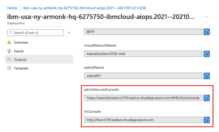 Azure portal screenshot of cluster Deployment showing Outputs page with adminSecuredConsole and ihsConsole fields highlighted.