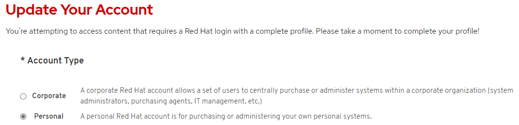 Red Hat 帐户窗口的屏幕截图，其中显示了“个人”选项的“帐户类型”选项。
