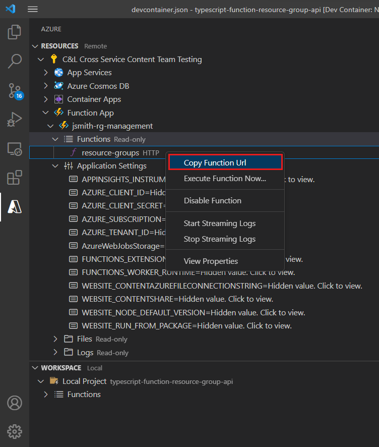 Visual Studio Code 的 Azure 资源管理器的部分屏幕截图，其中显示复制函数的 URL 的位置。