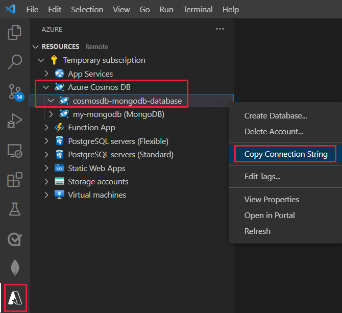 Visual Studio Code 的部分屏幕截图，其中的 Azure 资源管理器已选中数据库，以及右键单击菜单突出显示了“复制连接字符串”。