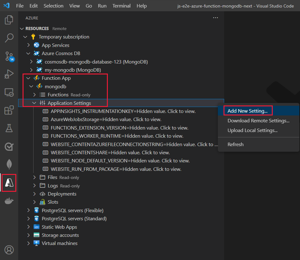 Visual Studio Code 的部分屏幕截图，在 Azure 资源管理器的“函数应用程序设置”下突出显示了“添加新设置”菜单项。