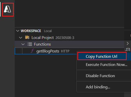 Visual Studio Code的部分屏幕截图，其中突出显示了“复制函数 URL”的 Azure 函数按钮。
