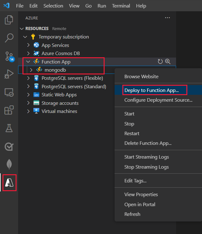 Visual Studio Code 的部分屏幕截图，在 Azure 资源管理器中突出显示了“函数部署”图标。