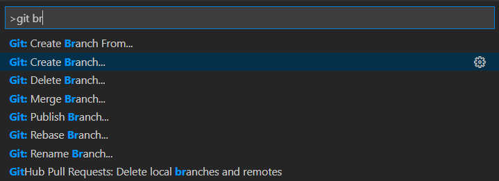 搜索“git Branch”并选择“Git： Create Branch”的屏幕截图。