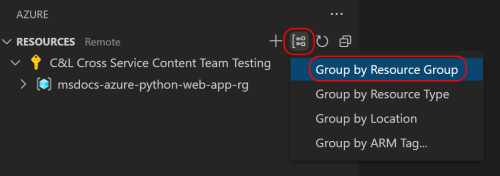 Azure extension resources sort by in the Visual Studio Code