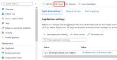 显示 Azure 门户中应用服务的应用程序设置页面中“保存”按钮位置的屏幕截图。