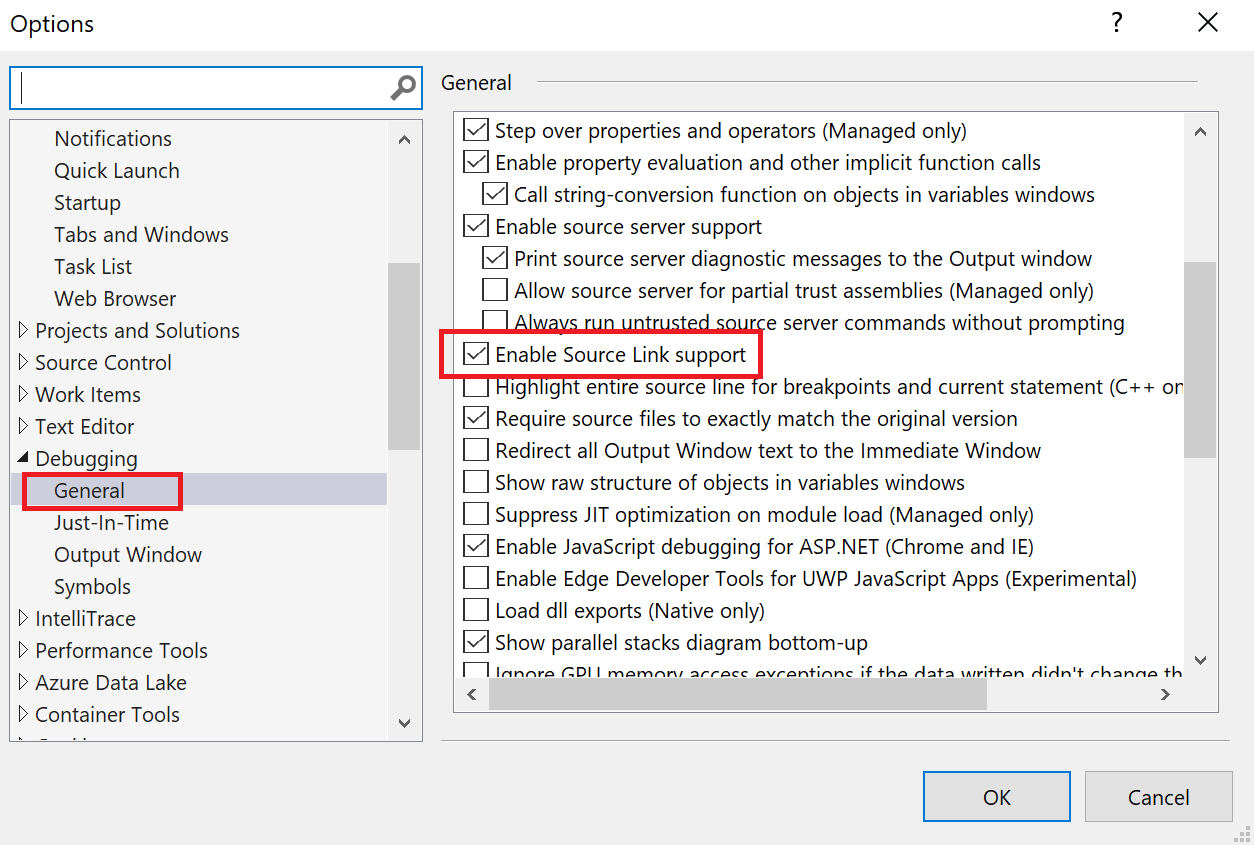 屏幕截图显示如何在 Visual Studio 中启用 Source Link 支持。