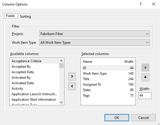 “列选项”对话框，Visual Studio，“字段”选项卡。