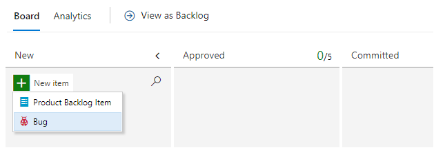 屏幕截图显示从看板中添加 bug，“添加 bug”。