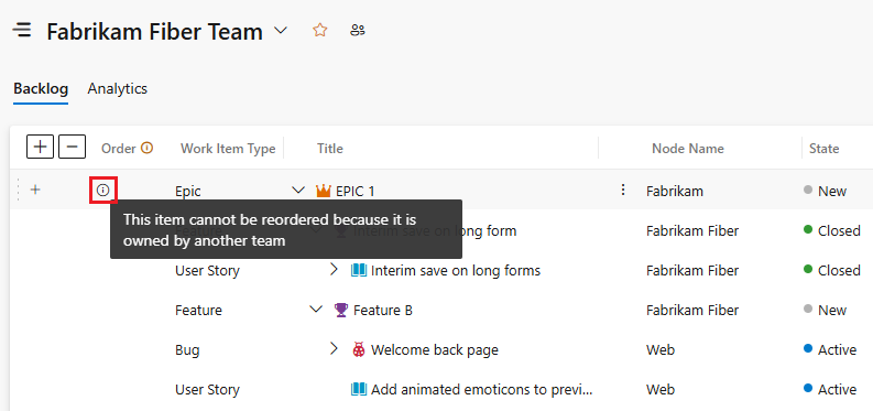 积压工作屏幕截图，其中显示了父级和多团队所有权。